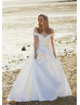 Off Shoulder Ivory Satin Wedding Dress With Beaded Belt